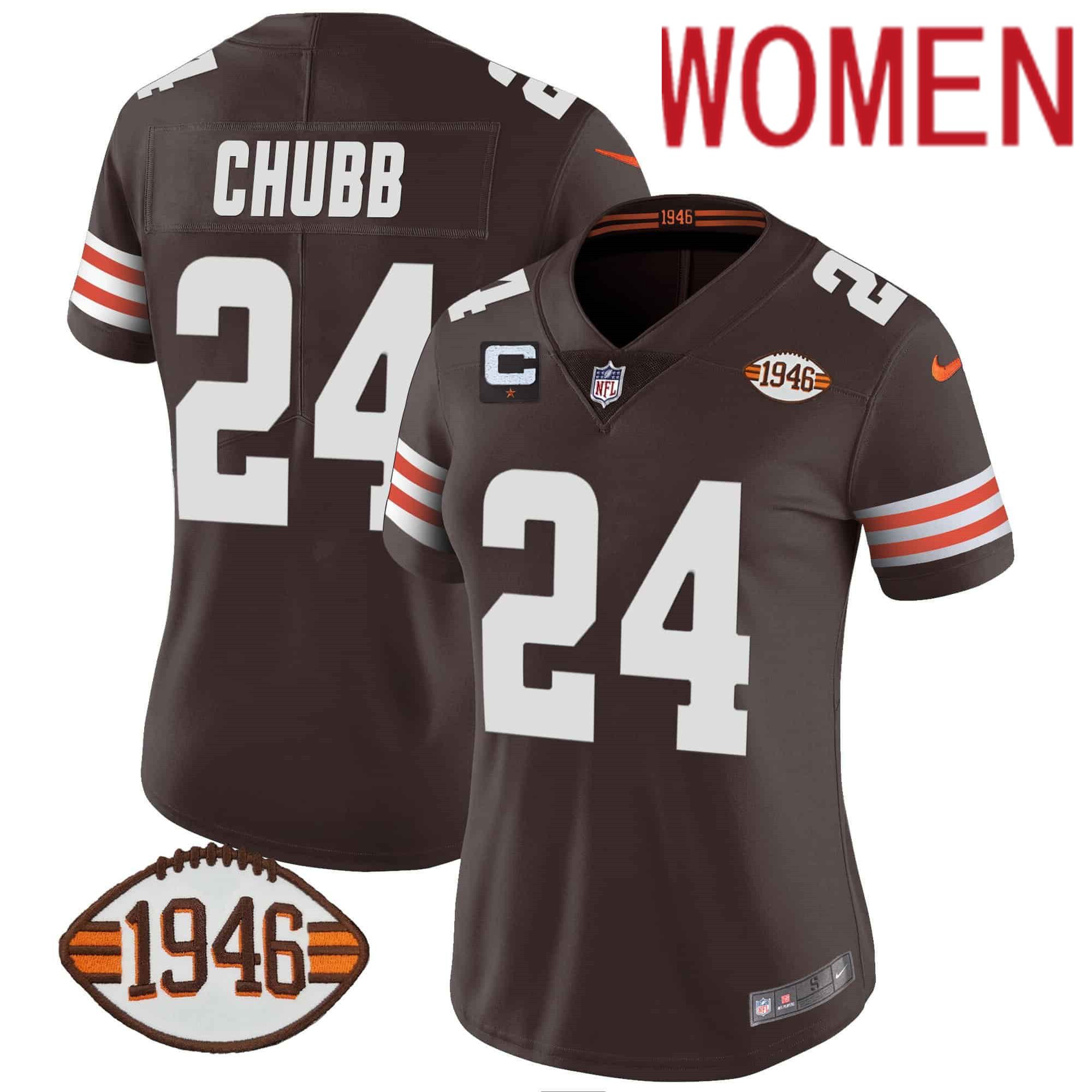 Women Cleveland Browns #24 Chubb Brown 1946 75th Anniversary Patch 2024 Nike NFL Jersey style 1